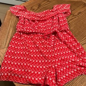 Red flowered off the shoulder romper